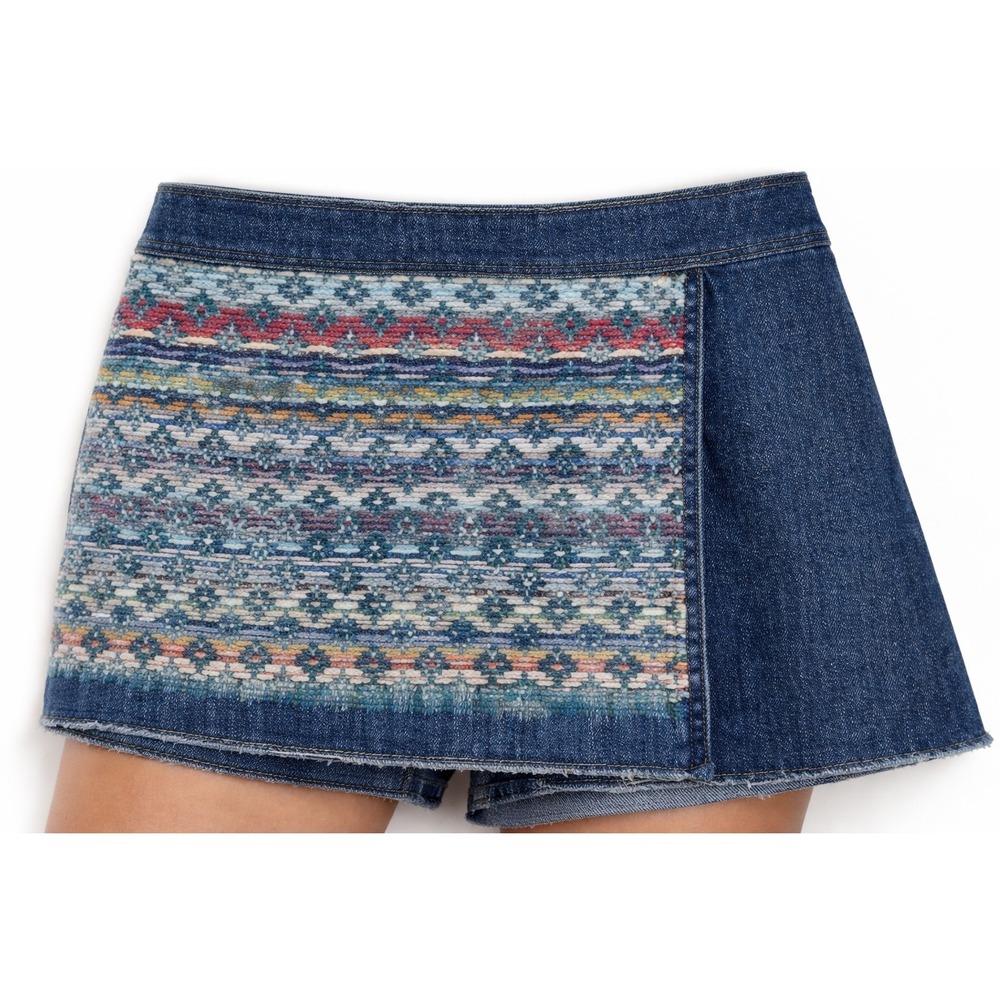 Ramy Brook Denim Wrap Skirt Flap Aztec Woven Panel Boho Sz 10 Bohemian western